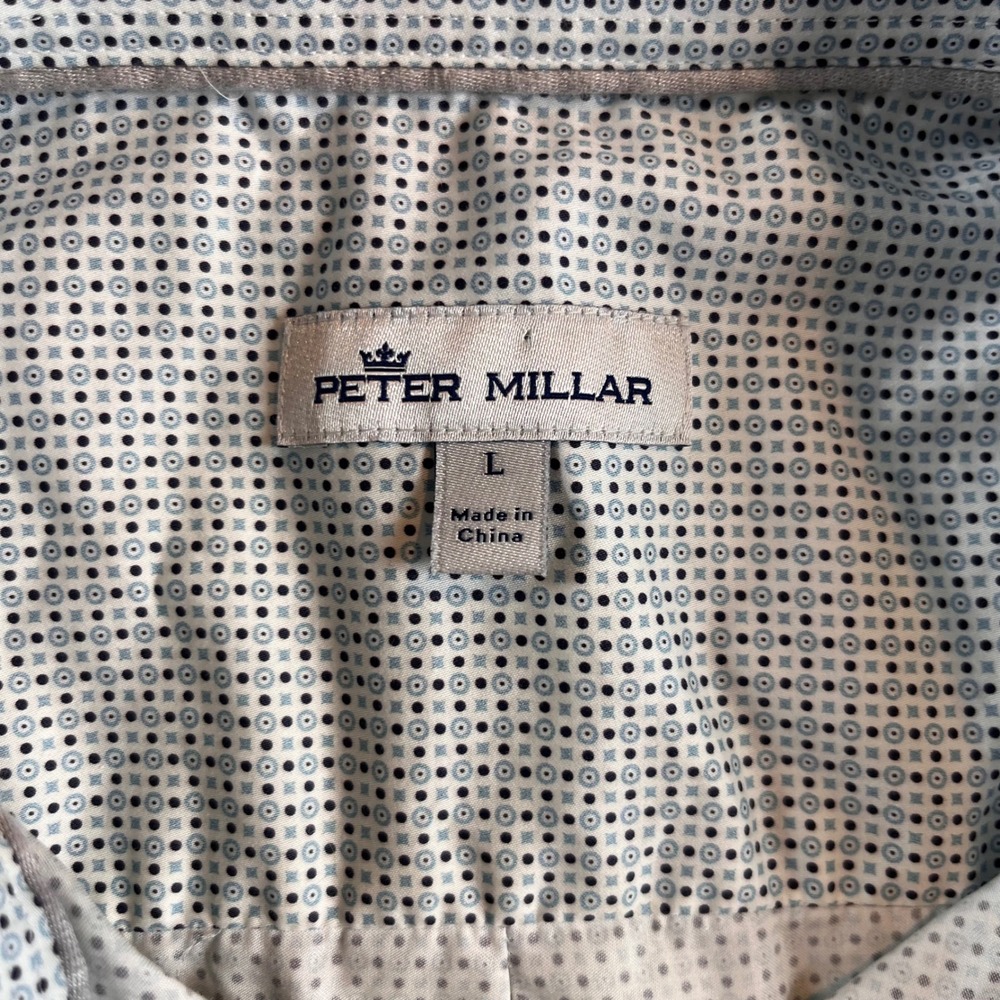 Peter Millar Mens Large Short Sleeve Button Up Shirt Geometric Print White Blue - Picture 2 of 8